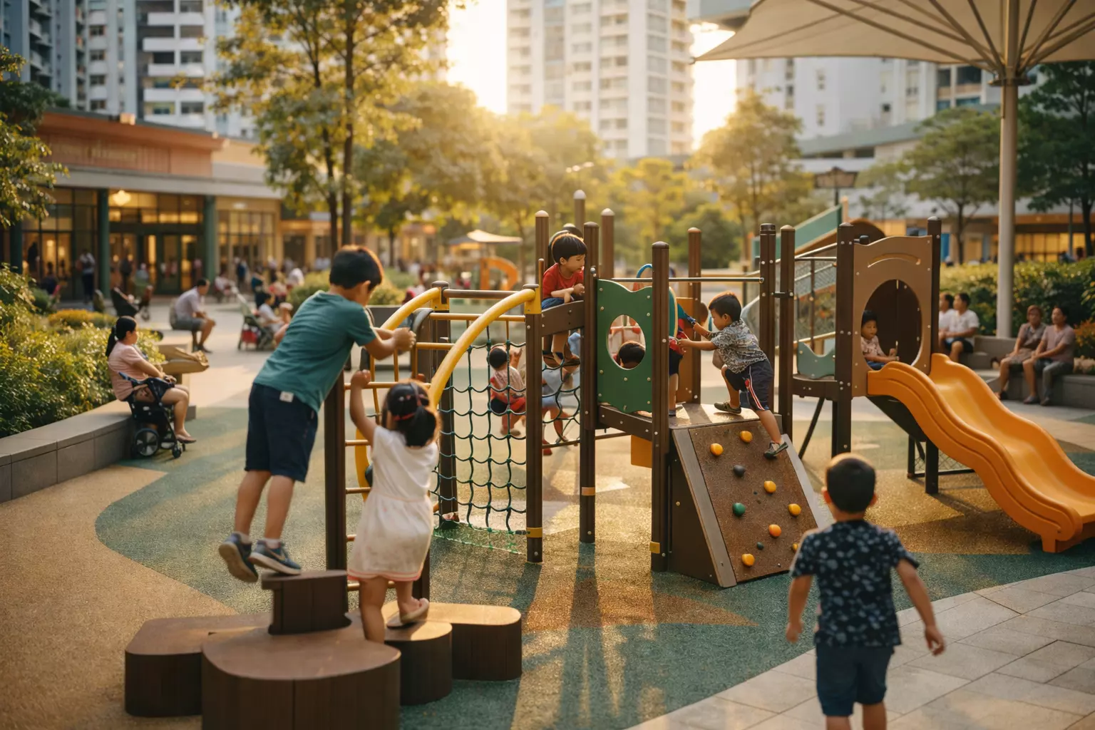 Children playing in community plaza with modern playground