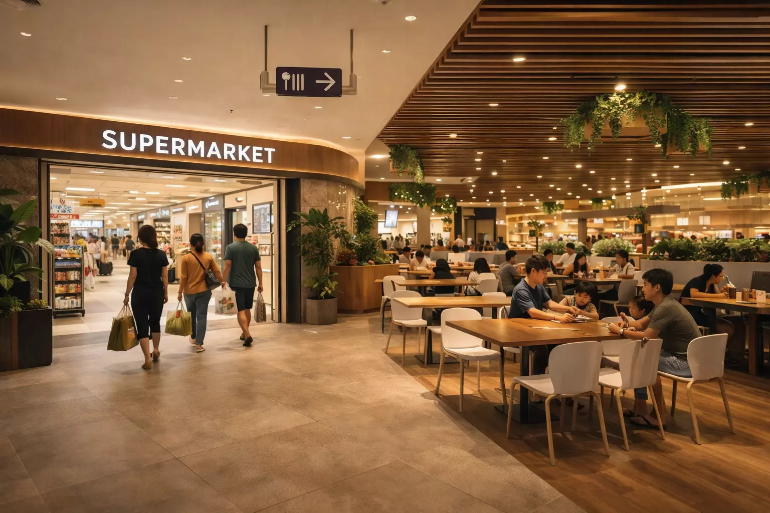 Integrated mall showing supermarket and food court